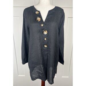 Vince Camuto 100% Linen Tunic Blouse M Black Oversized Tortoise Buttons Summer